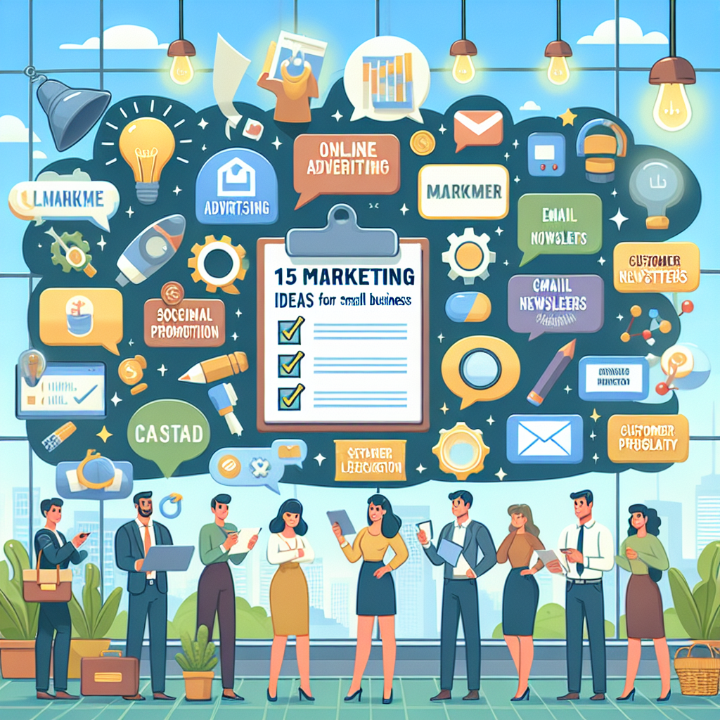 Affisch med texten "15 Marketing Ideas for Small Business" omgiven av ikoner för annonsering, sociala medier, och kommunikation. I förgrunden står en rad människor med elektroniska enheter.