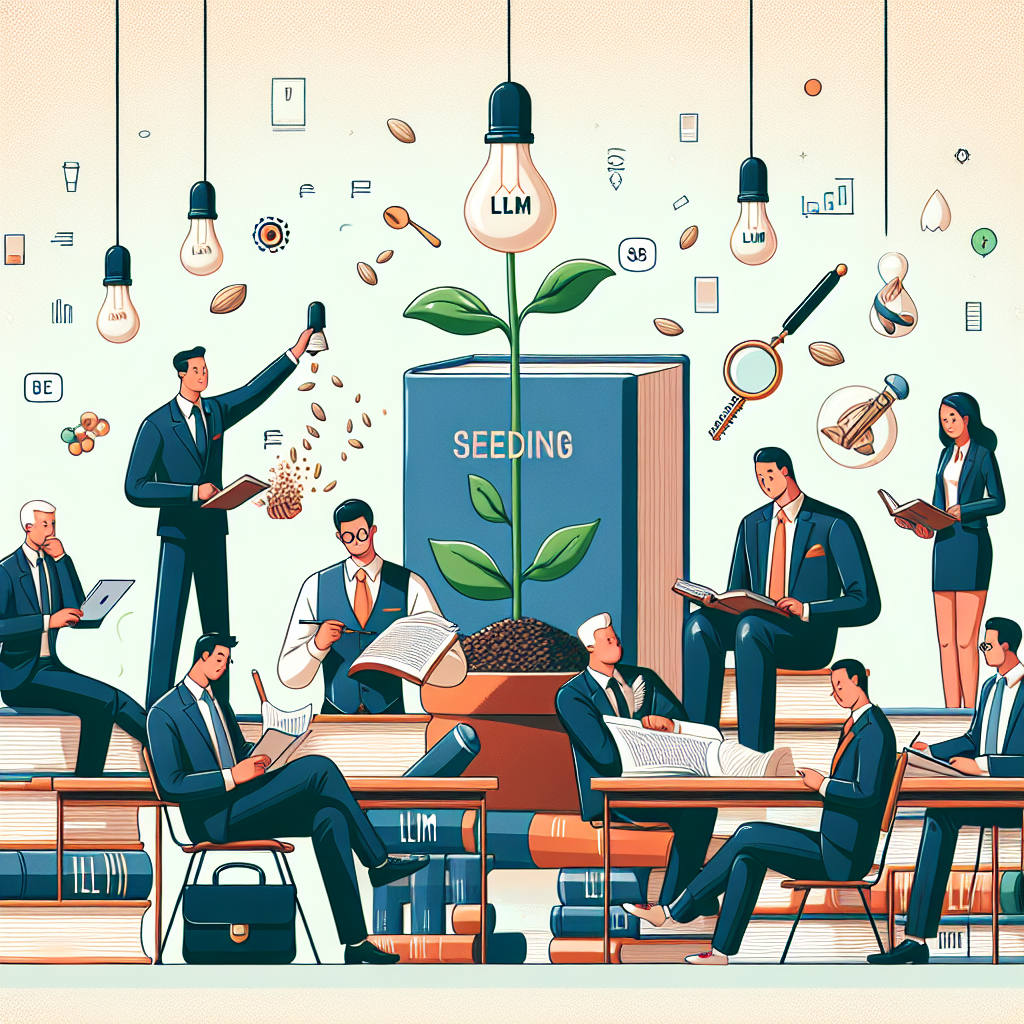 En illustration visar affärsklädda personer som studerar och arbetar kring en stor bok märkt "SEEDING" med en planta ovanpå. Lampor, frön och symboler av teknik och idéer svävar ovanför.