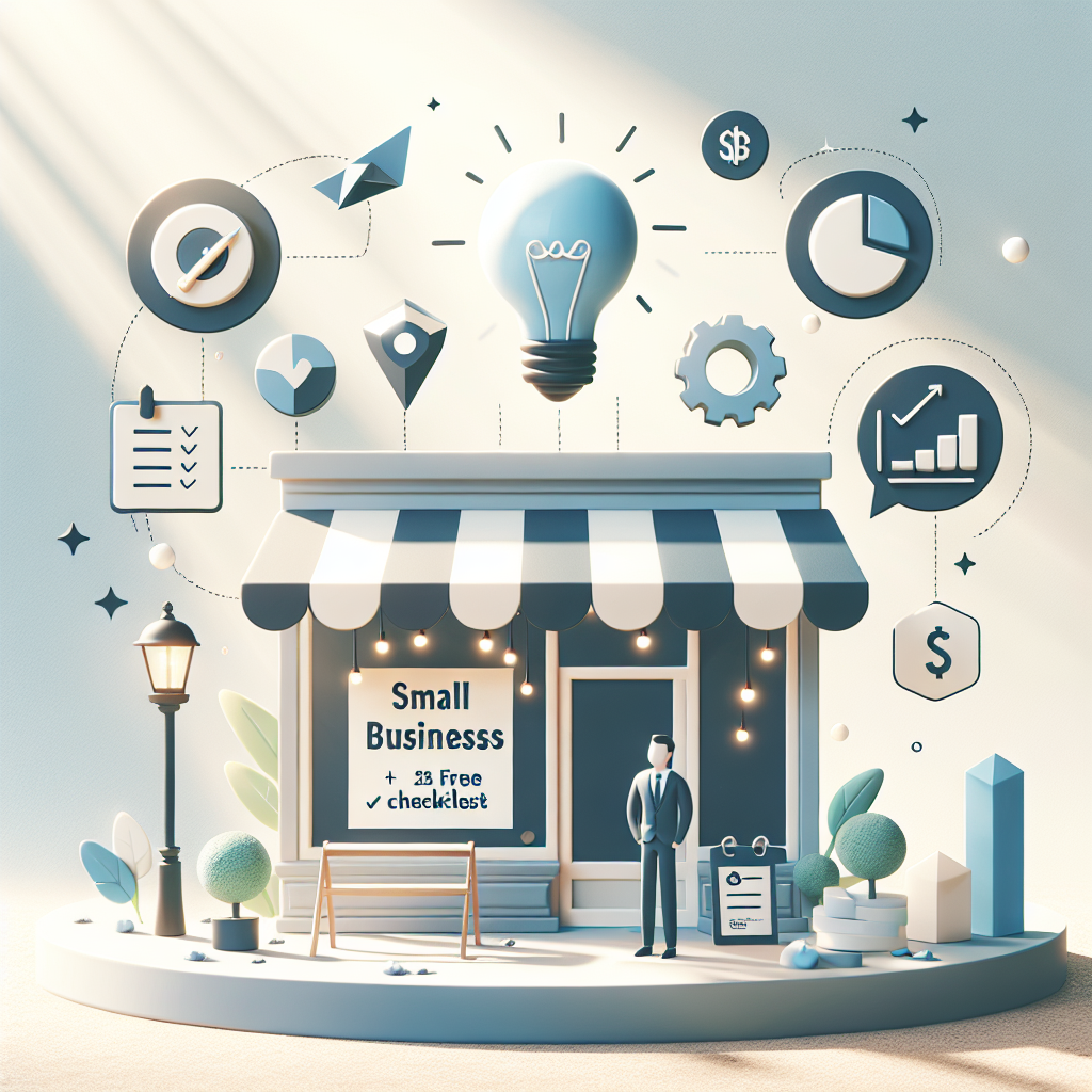 Butik med skylt "Small Business + Free checklist", omgiven av symboler för affärskoncept som glödlampa, kugghjul, diagrampilar och dollartecken, mot en ljus bakgrund.