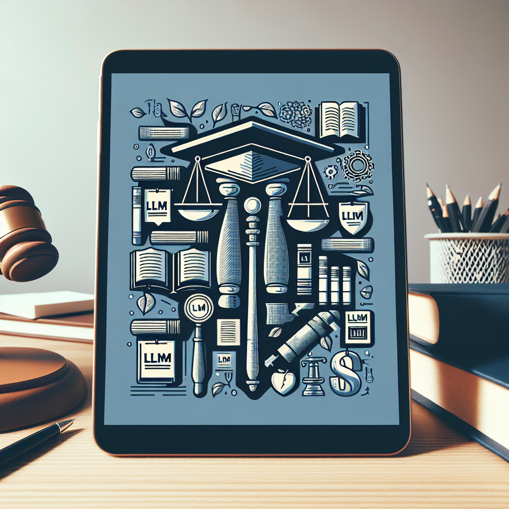 En digital illustration av rättsliga symboler på en surfplatta, inklusive våg, böcker, och en domarklubba, placerad på ett skrivbord med kontorsmaterial omkring.