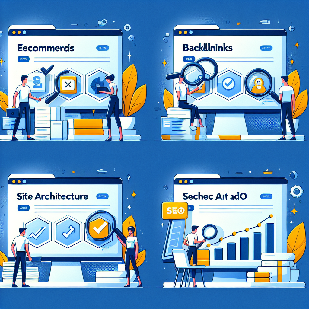 Fyra illustrationer av personer som arbetar med datorer som visar skärmar med text om e-handel, backlinks, webbplatsarkitektur och SEO.