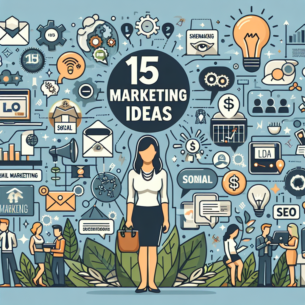 Illustration med en kvinna i centrum omgiven av olika marknadsföringsikoner och symboler, med texten "15 Marketing Ideas".