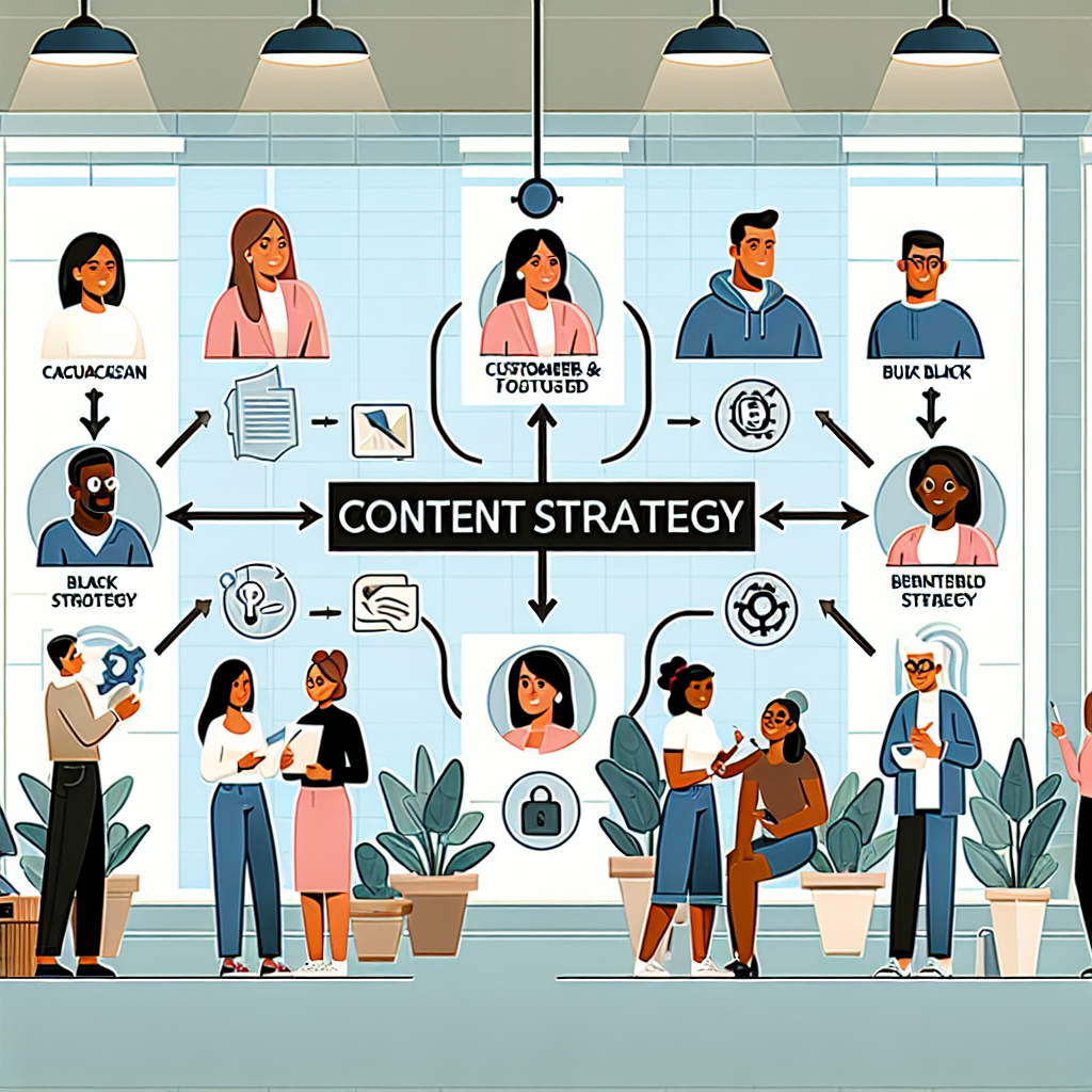 Illustration av människor med olika etiketter i en kontorsmiljö, omgivna av diagram och textrutor kring innehållsstrategi, med fokus på samarbete och kommunikation.