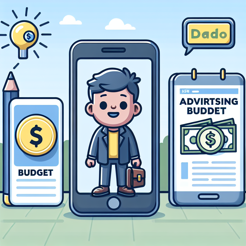 Tecknad illustration av en leende affärsman i en smartphone, omgiven av ikoner för budget och annonsering, inklusive en glödlampa och dokument med dollartecken.