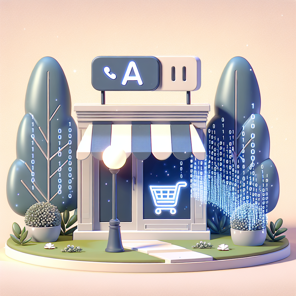 En digital illustration av en butik med en ikon av en kundvagn på dörren, omgiven av träd och växter med binära koder, vilket symboliserar e-handel.