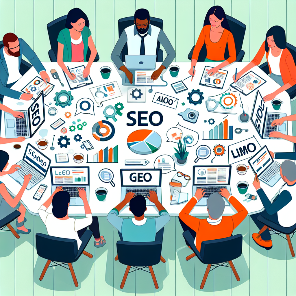 Grupp människor runt ett bord med bärbara datorer och papper, arbetar med SEO-strategier, omgiven av diagram och kugghjul.