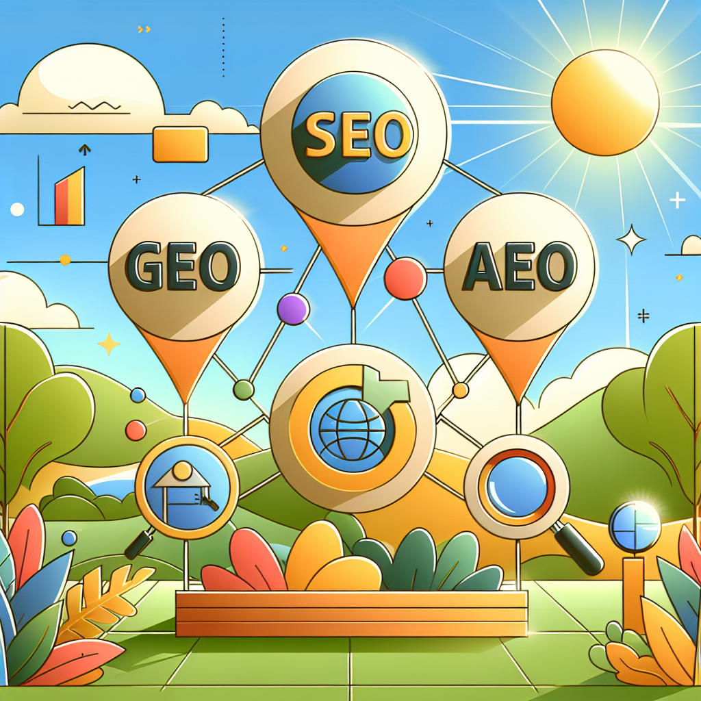 Illustration av SEO, GEO och AEO som symboler i ett färgglatt och solbelyst landskap med grafiska element som moln, förstoringsglas och träd.