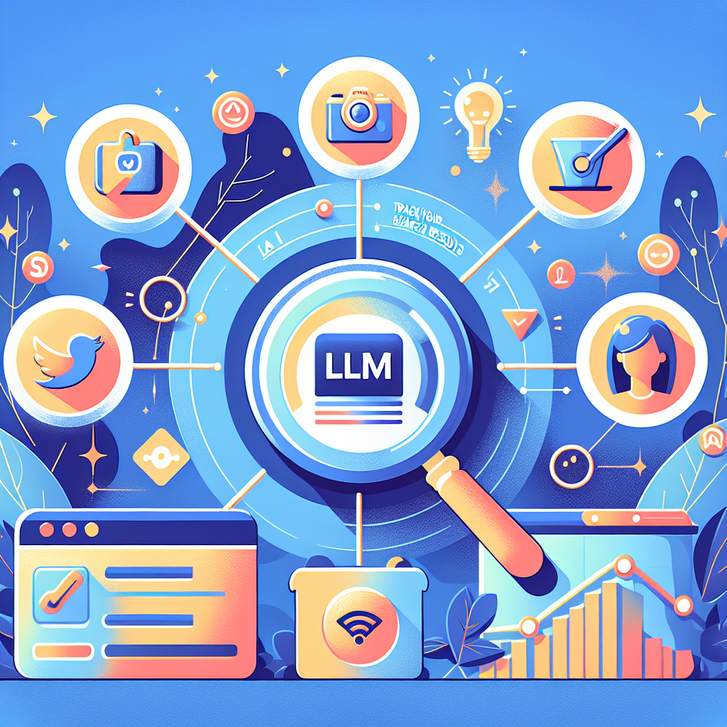 En illustration av ett digitalt nätverk med en förstoringsglasfokus på bokstäverna "LLM", omgiven av ikoner som representerar sociala medier, kameror, ljuskällor och diagram på en blå bakgrund.