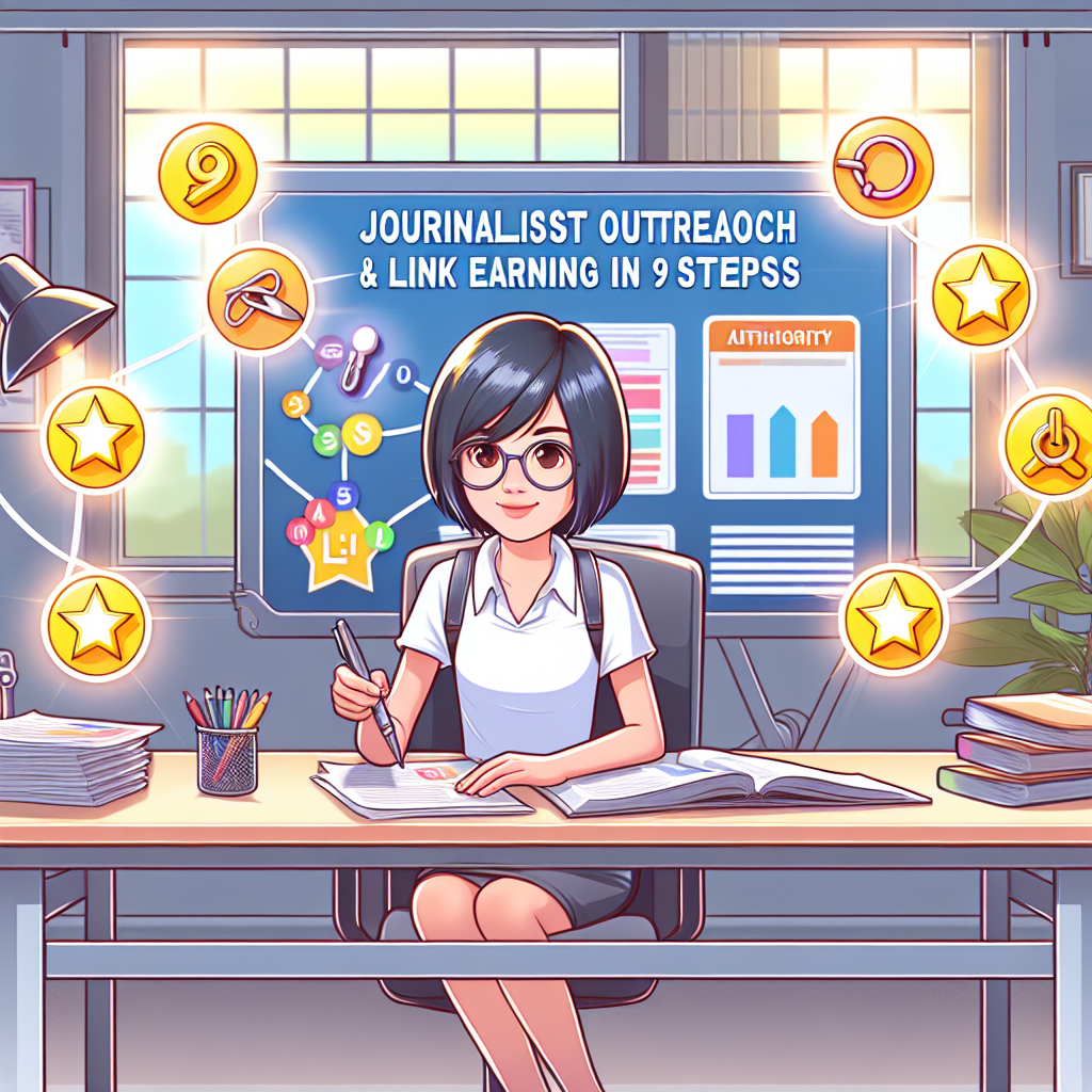 En kvinna sitter vid ett skrivbord och skriver, med en affisch bakom sig som säger "Journalist Outreach & Link Earning in 9 Steps". Runt henne finns ikoner av stjärnor och länksymboler.