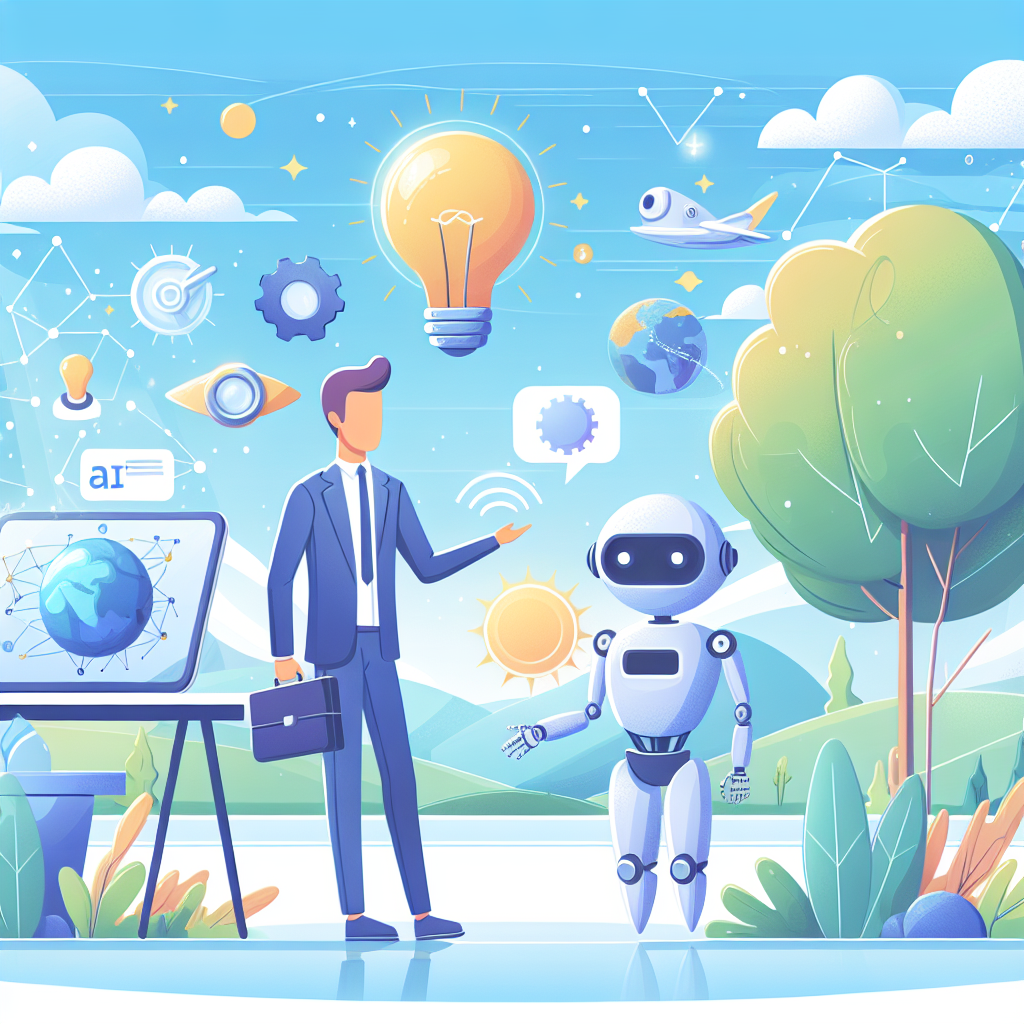 En tecknad bild av en man i kostym som står bredvid en robot i en futuristisk miljö med natur, tekniska symboler och en stor glödlampa ovanför.