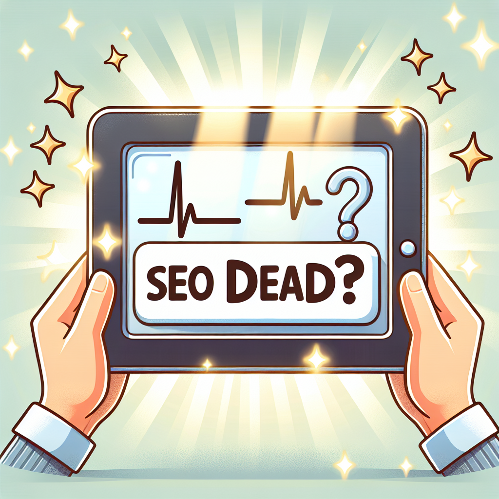 Tablet med frågan "SEO Dead?" och en hjärtfrekvenslinje på skärmen, hålls av händer omgiven av skinande stjärnor.