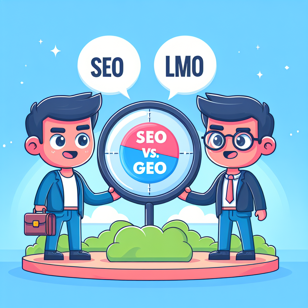 Två tecknade figurer i kostym håller ett tecknet med texten "SEO vs. GEO", omgivna av ett tecknat landskap med mjuka moln och träd.