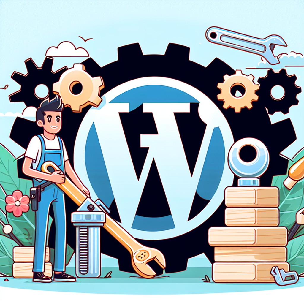 En tecknad bild av en person i arbetskläder som håller i ett stort skiftnyckelverktyg framför WordPress-logotypen, omgiven av kugghjul och växtdekorationer.