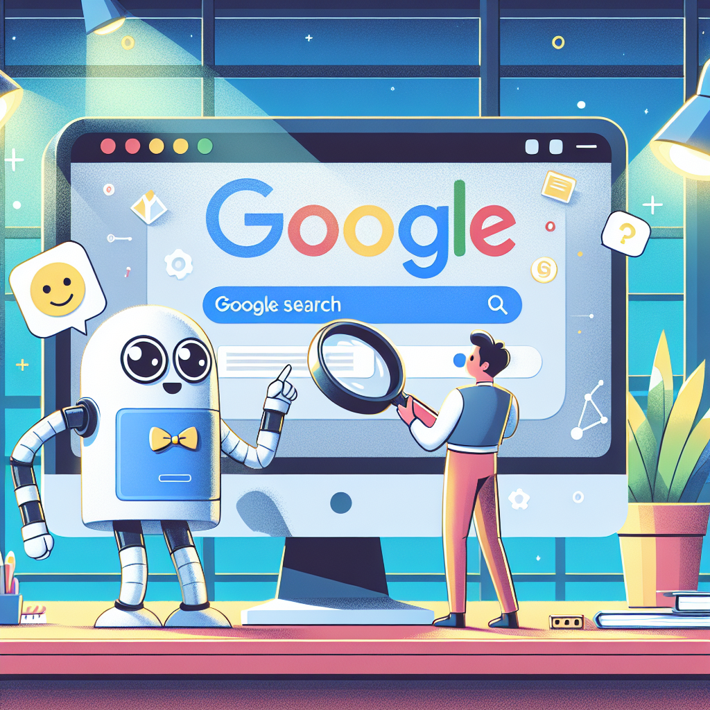 En tecknad robot och en person med förstoringsglas står framför en stor skärm med Google-söksidan öppen.