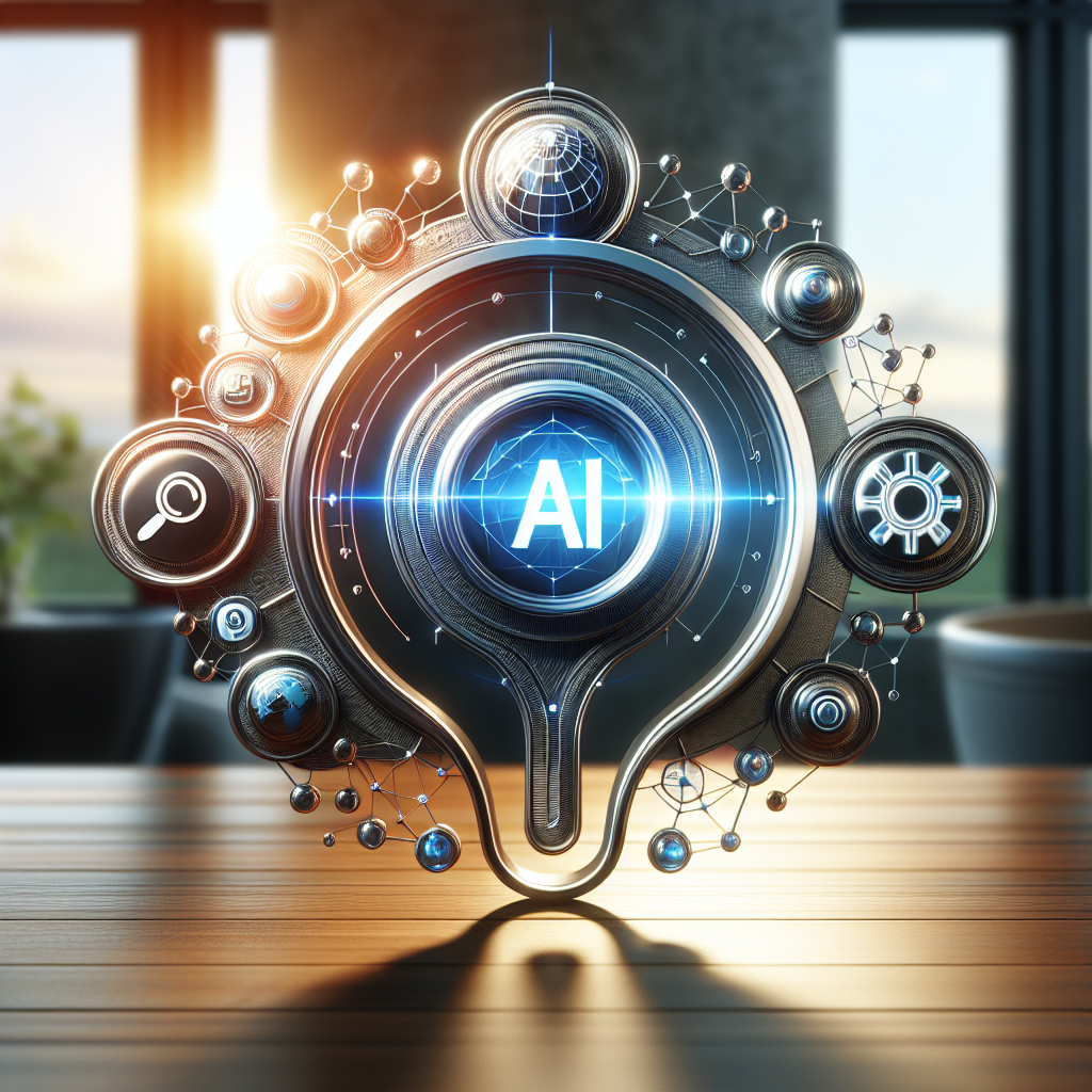 AI-kretskort i futuristisk design mot träbord och solljus i bakgrunden.