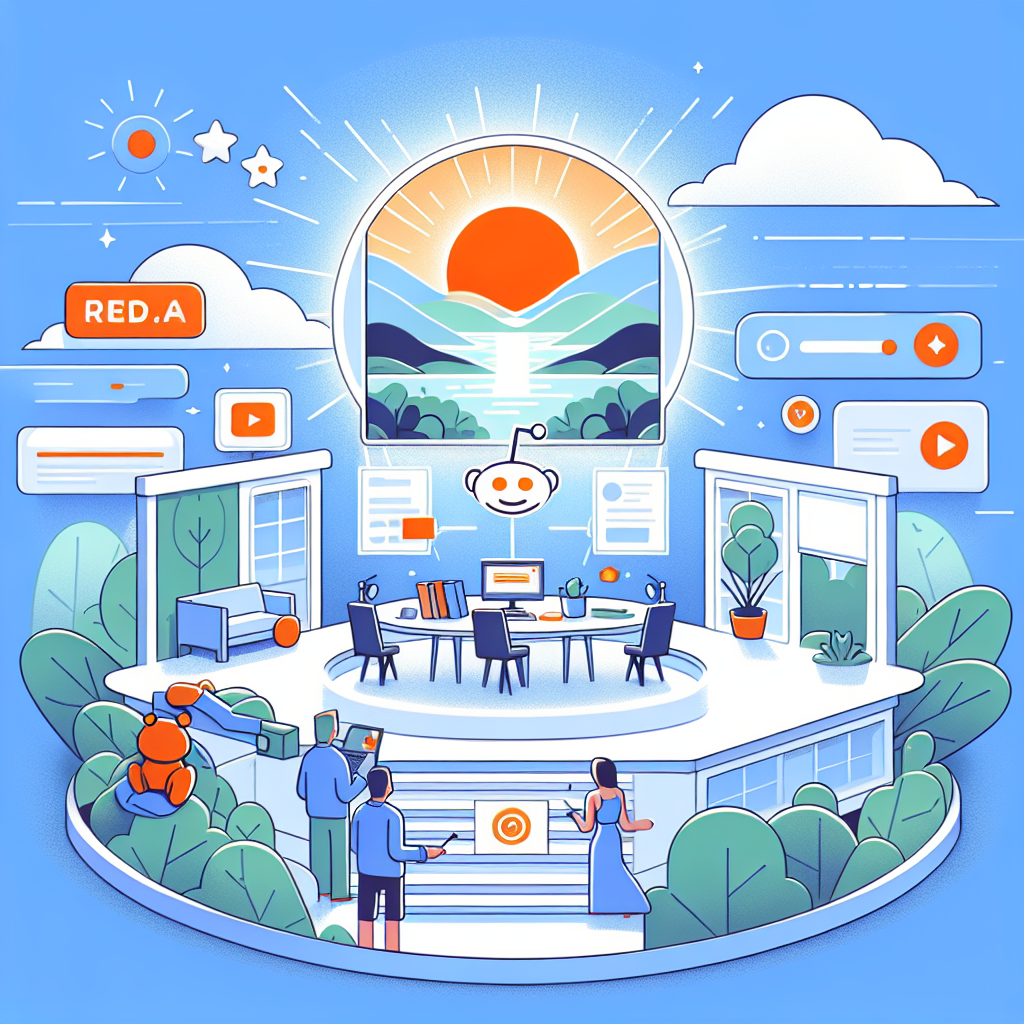 Digital illustration av ett futuristiskt kontor med människor och teknik, inklusive en bild av en soluppgång, Reddit-logotyp, och visuella element som moln och grönska, med en färgstark och modern design.