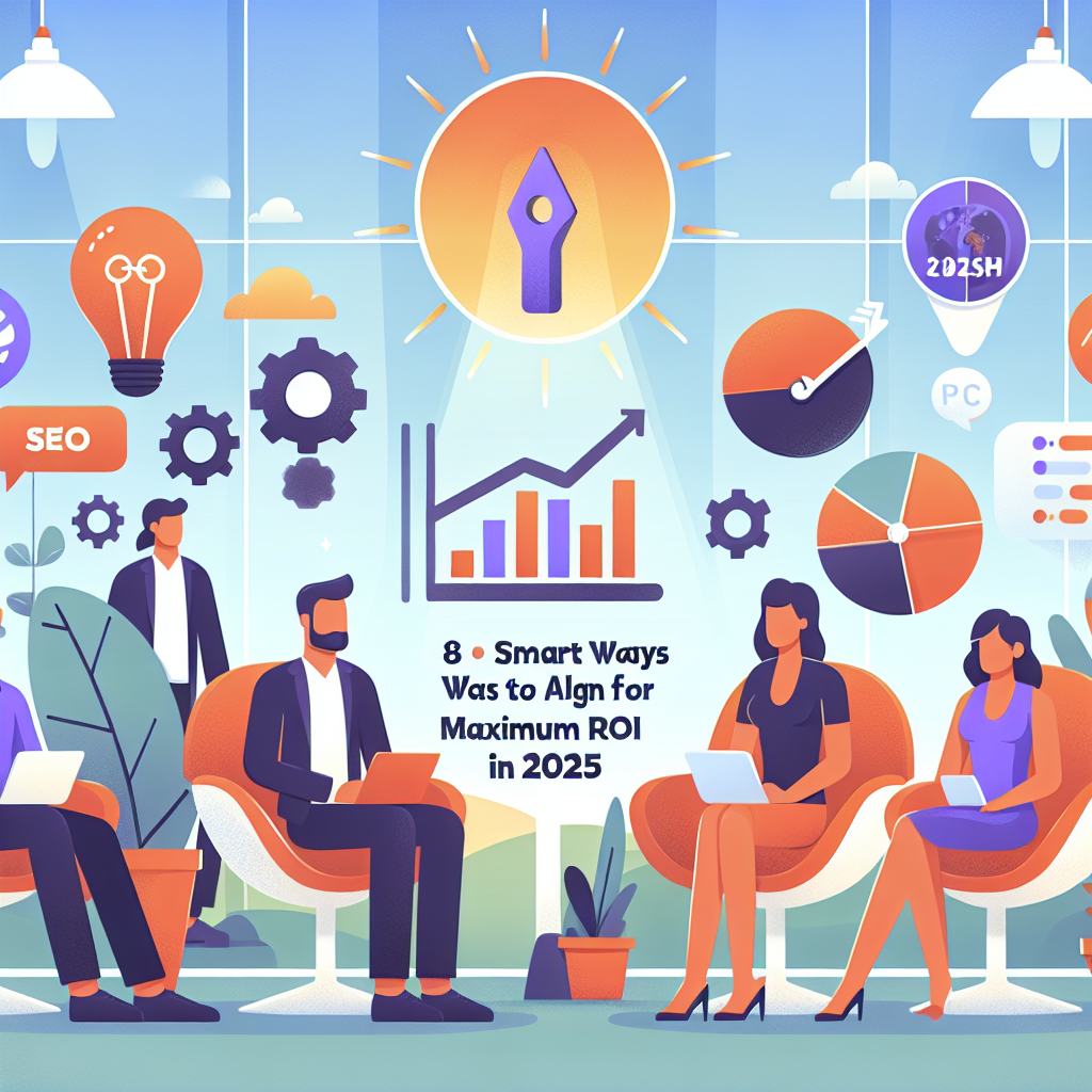 Illustration av affärsmiljö med människor som arbetar på bärbara datorer, omgivna av symboler för SEO, kugghjul och diagram. Texten säger "8 Smart Ways to Align for Maximum ROI in 2025". Ljusa färger och moderna element pryder bilden.