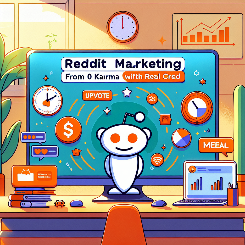 En illustration av en arbetsyta med en dator som visar Reddit-maskoten omgiven av symboler för uppdatering, meddelanden, och statistik. Det finns även en växt, klocka och en bärbar dator med grafer i bakgrunden.
