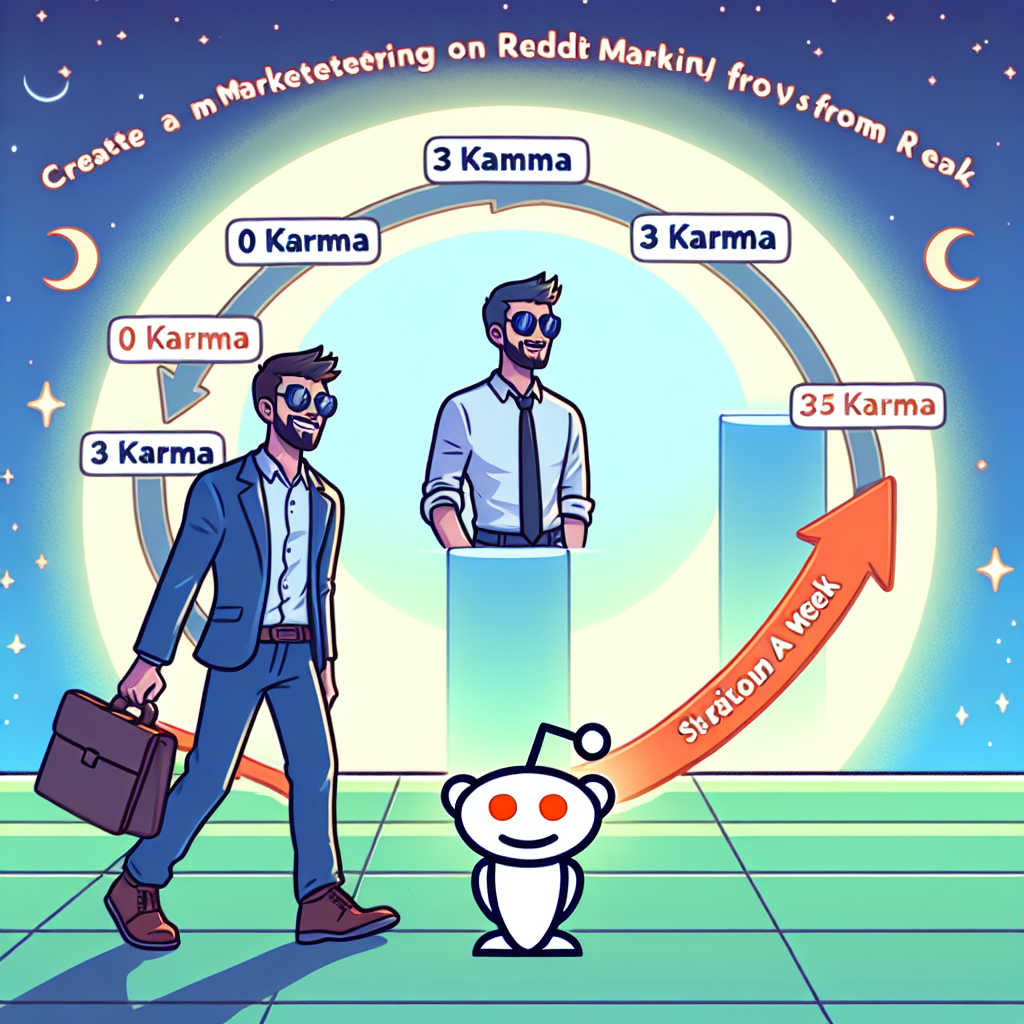 Illustration av en man i kostym och solglasögon som går förbi Reddit-maskoten. Cirkeldiagram visar "Karma" med olika nivåer, från 0 till 35, och texten "Skapa en marknadsföring på Reddit från verklig".