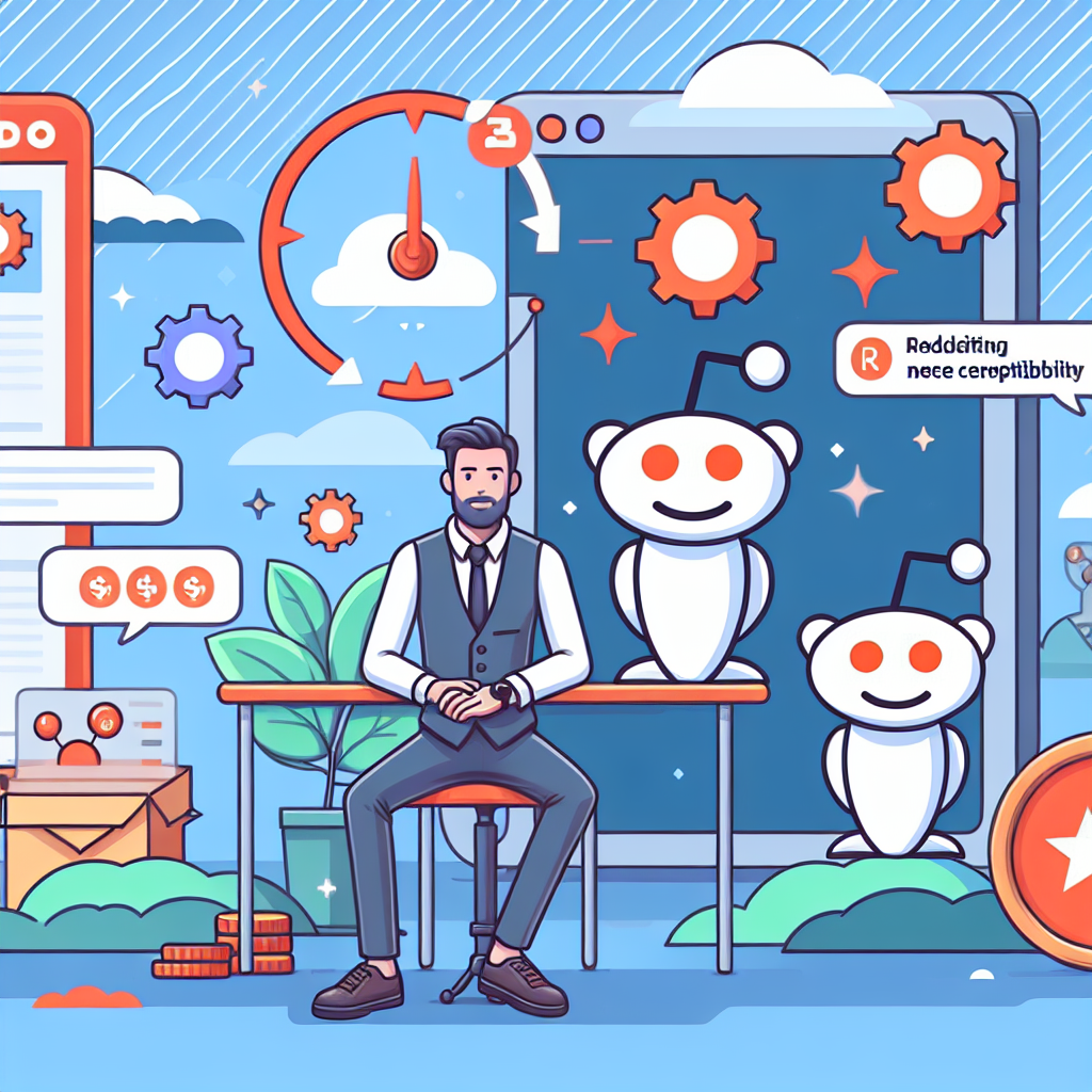 Animerad illustration av en man i kostym som sitter vid ett skrivbord med stora datorfönster i bakgrunden, visar två Reddit-maskotar och symboler för digitala verktyg och kommunikation.