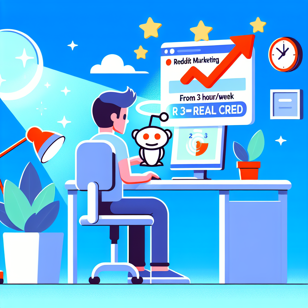 En person vid ett skrivbord tittar på en datorskärm med texten "Reddit Marketing" och en röd uppåtgående pil, med Reddit-maskoten bredvid.