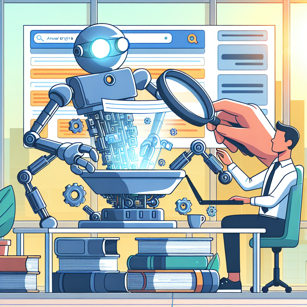 En robot analyserar data på en dator medan en man arbetar i förgrunden, omgiven av böcker och växter.