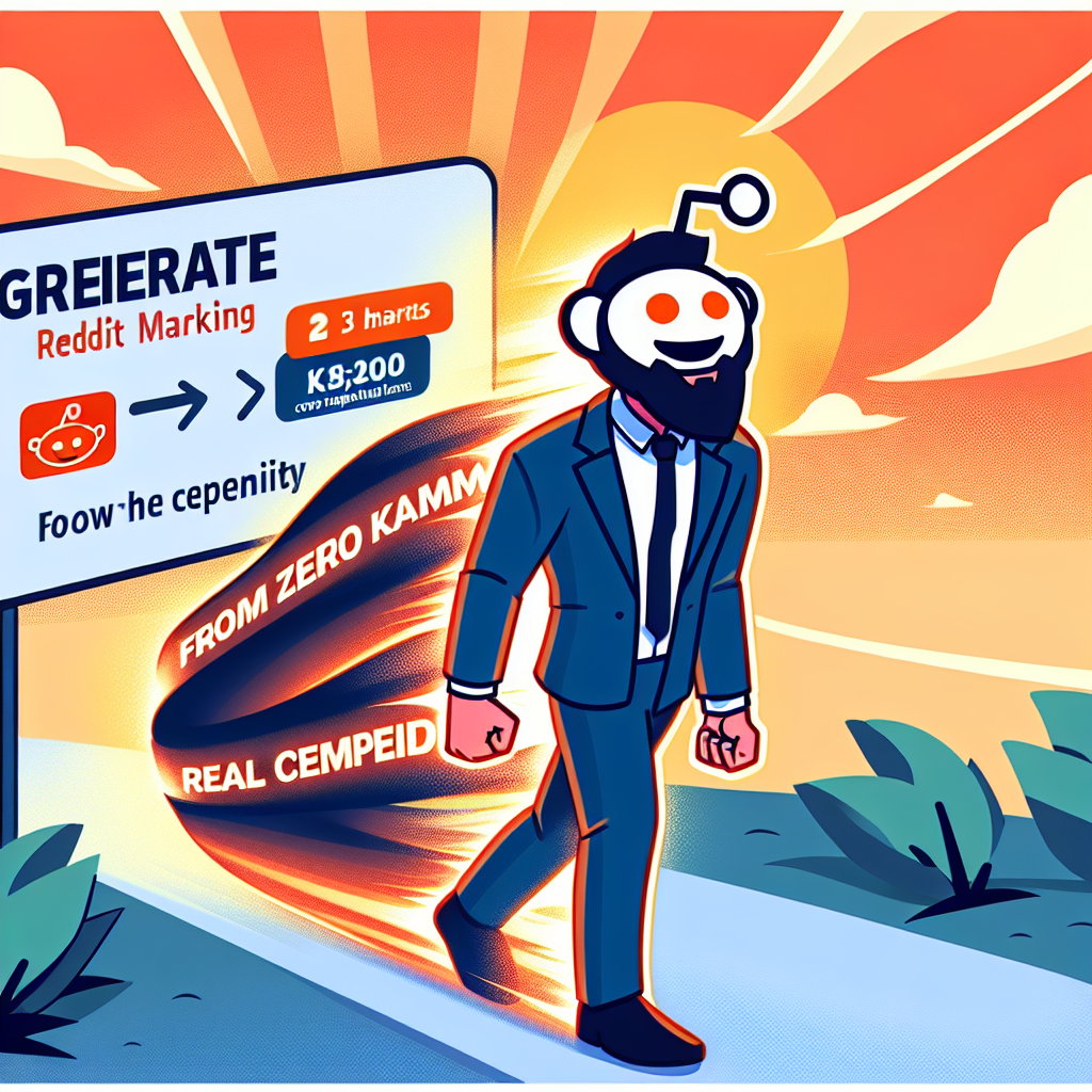 Tecknad bild av en figur med svart kostym och Reddit-mascotthuvud som går mot solnedgången. Figuren omges av en stråle med texten "From Zero Kammun, Real Cempeid". En skylt visar Reddit-markeringar och poängtal.