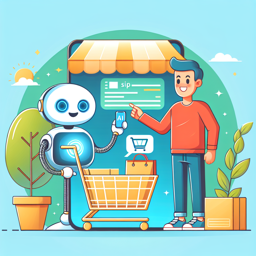 En robot med ett AI-märke och en kundvagn står bredvid en man som pekar på en digital butiksskylt med shoppingikoner.