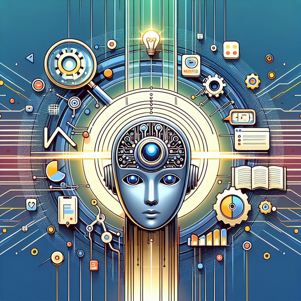 Konstnärlig illustration av ett robotansikte med ljusa ögon och ett tekniskt kretsmönster, omgivet av olika digitala och mekaniska symboler som kugghjul, diagram, och en lysande glödlampa.