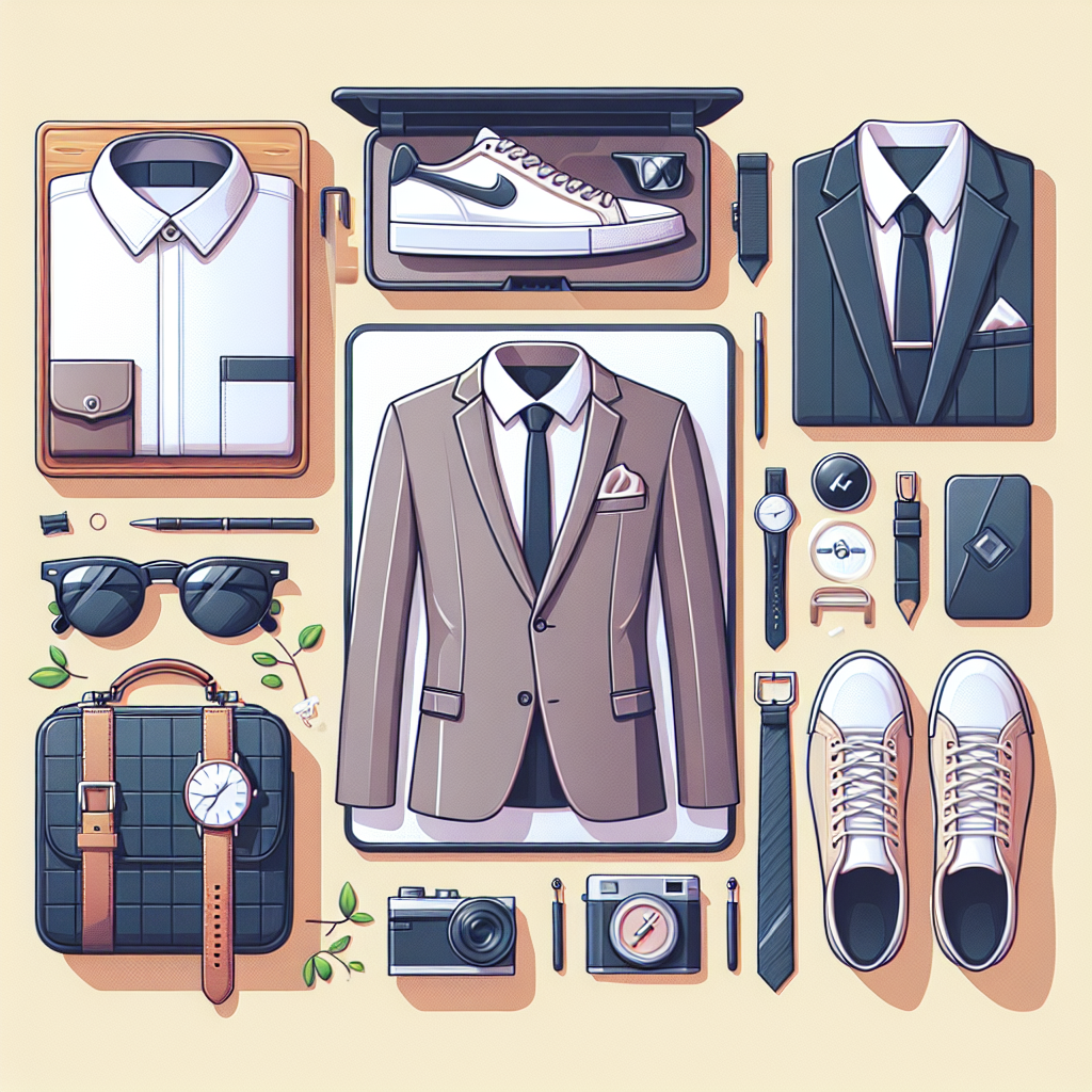 Mäns modeillustration med en beige kostym, två skjortor, slips, solglasögon, sneakers, klockor, en väska, kamera och accessoarer arrangerade i ett flödesschema.