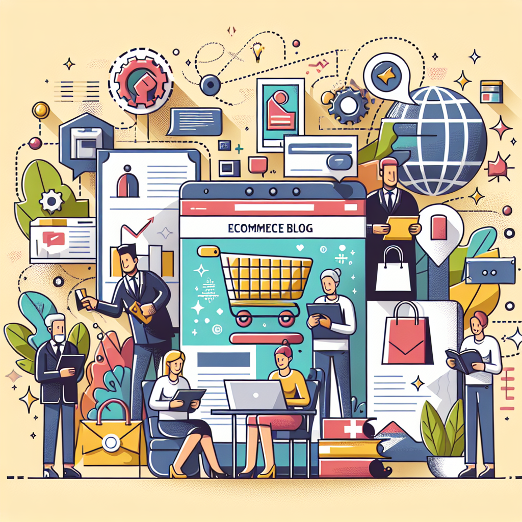 Illustration av personer som använder digitala enheter med e-handelsrelaterade ikoner och grafik, inklusive en stor smartphone med kundvagnsikon, dokument och en jordglob i bakgrunden.