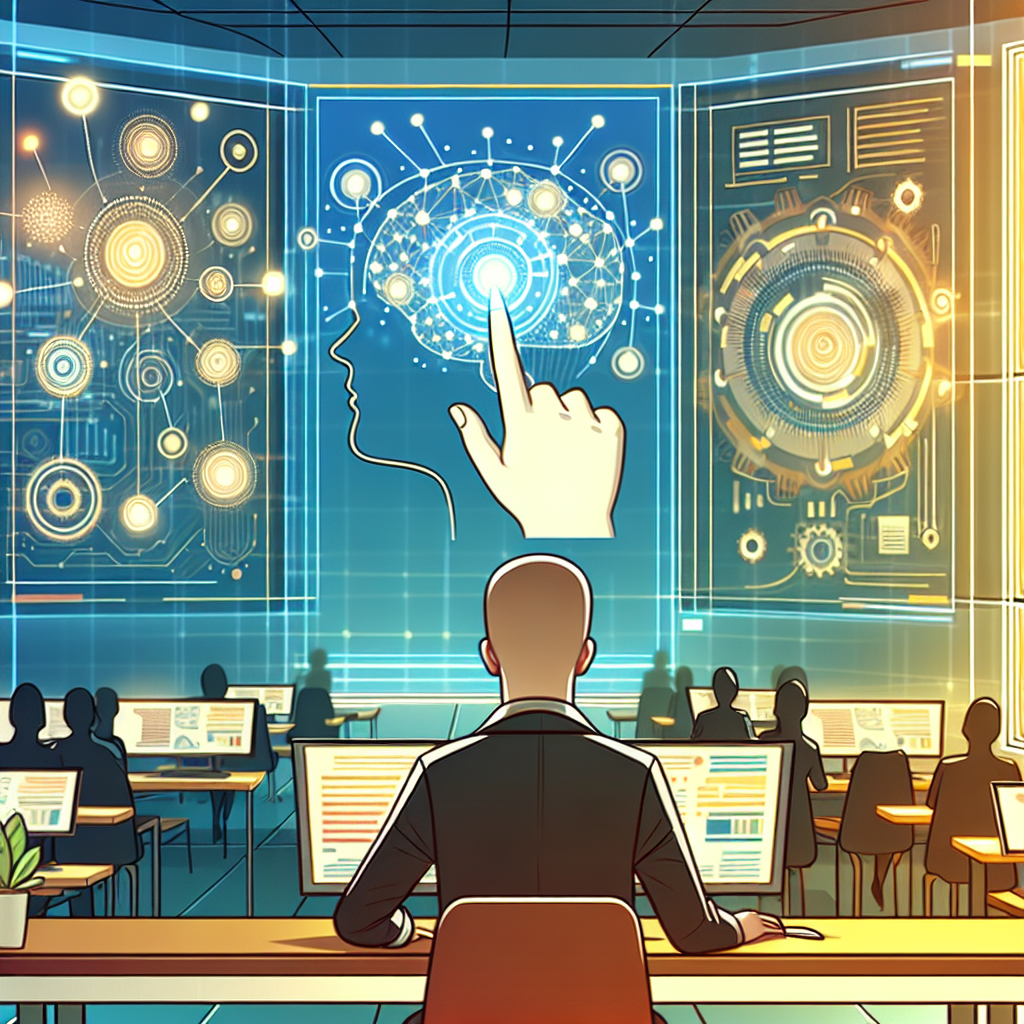 En person sitter framför datorer i en teknologisk kontrollpanel med digitala skärmar som visar futuristiska hjärndiagram och tekniska gränssnitt.