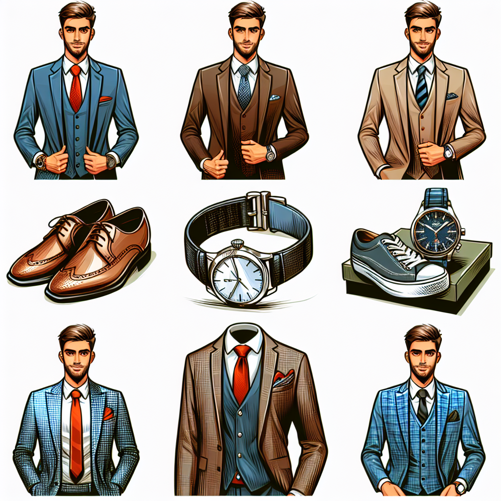 En illustration som visar tre eleganta män i kostymer i övre raden, tre accessoarer i mittenraden (bruna skor, en klocka, och sneakers med klocka) och tre kostymer i nedersta raden med en man.