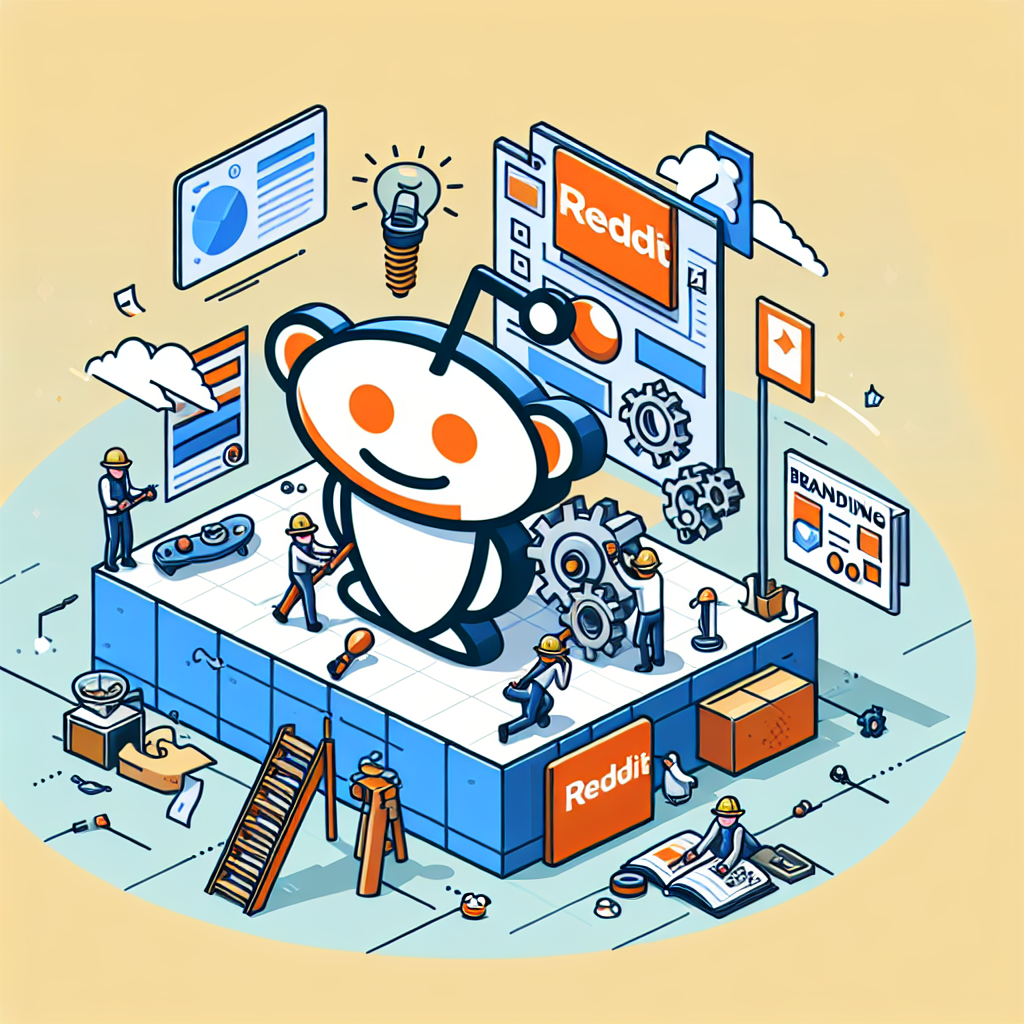 Illustration av Reddit-logotypen omgiven av små arbetare i hjälmar som utför reparationer och uppgraderingar på en digital plattform, med fokus på tekniska och kreativa element.