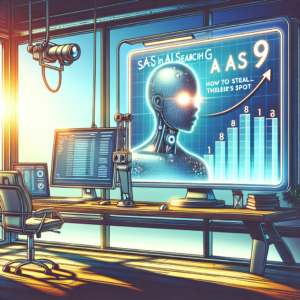 Ett modernt kontor med en stor skärm som visar en futuristisk robot och en graf med stigande staplar. Det finns också datorutrustning och en stol framför skärmen.