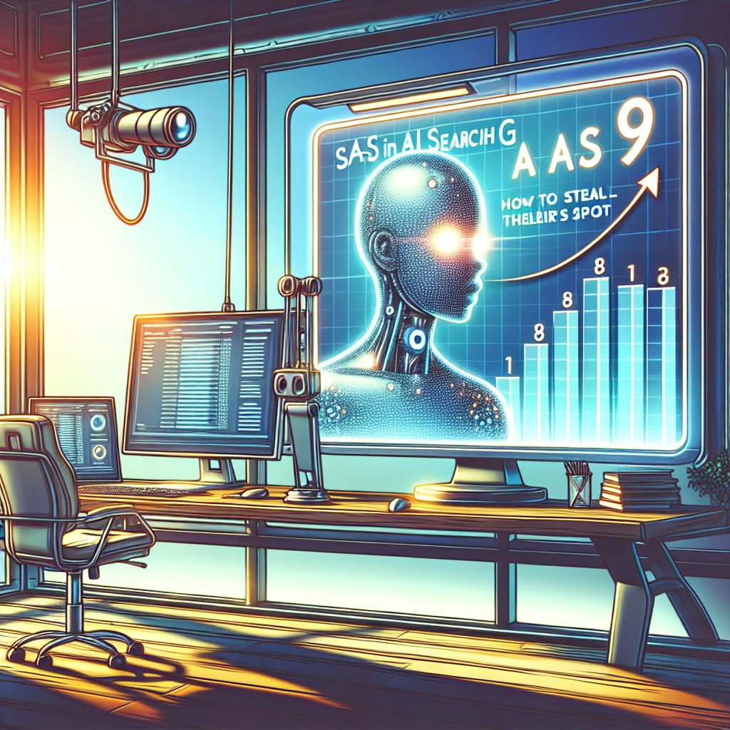 Ett modernt kontor med en stor skärm som visar en futuristisk robot och en graf med stigande staplar. Det finns också datorutrustning och en stol framför skärmen.