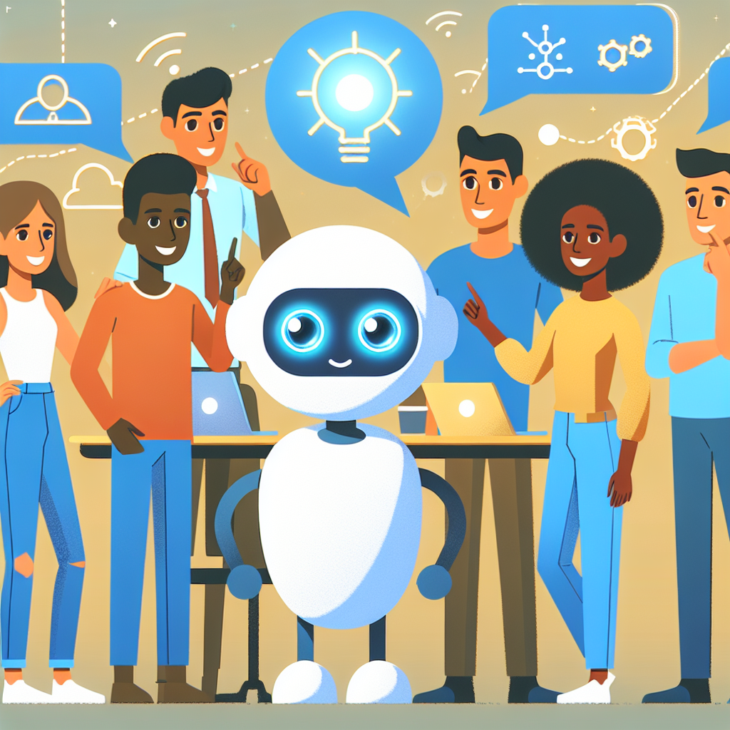 En grupp människor står runt en robot, med glada ansiktsuttryck och lampor över dem som symboliserar idéer och samarbete, framför bärbara datorer.