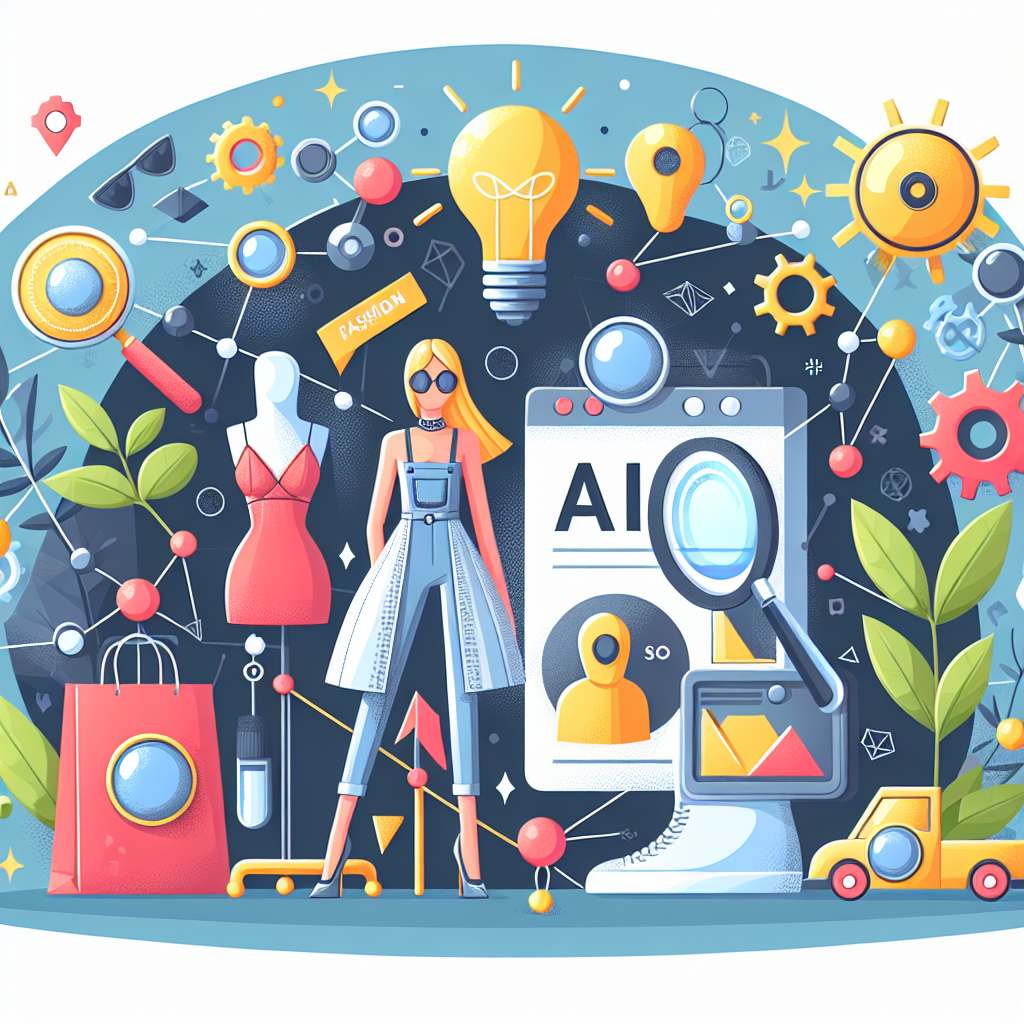 Illustration av en kvinna i modekläder omgiven av tekniska symboler som glödlampor, kugghjul och en datorskärm med texten "AI".