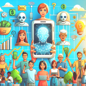 Illustration av människor och robotar med olika digitala enheter omgivna av symboler för teknik och ekonomi, inklusive en stor smartphone med ett digitalt ansikte på skärmen.