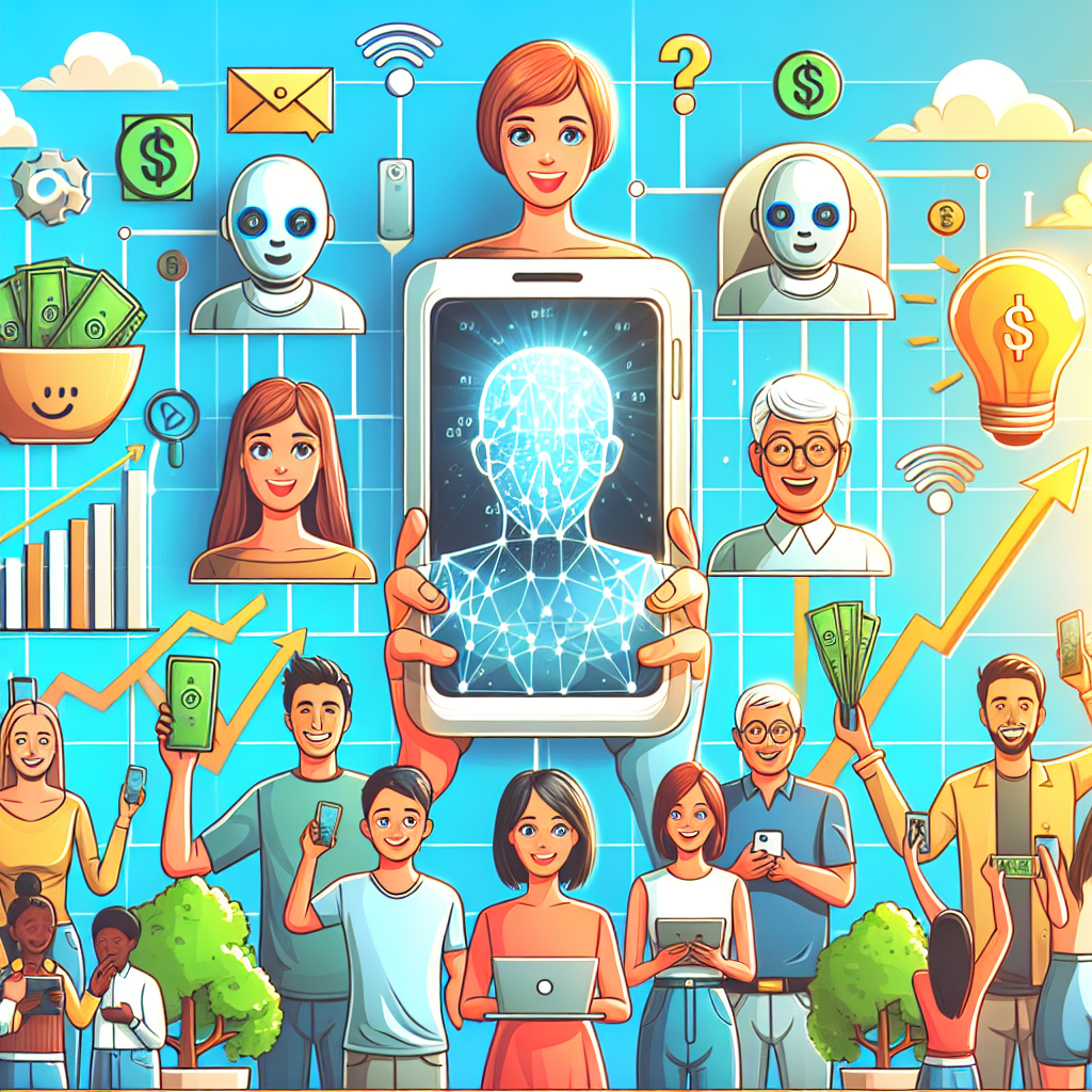Illustration av människor och robotar med olika digitala enheter omgivna av symboler för teknik och ekonomi, inklusive en stor smartphone med ett digitalt ansikte på skärmen.