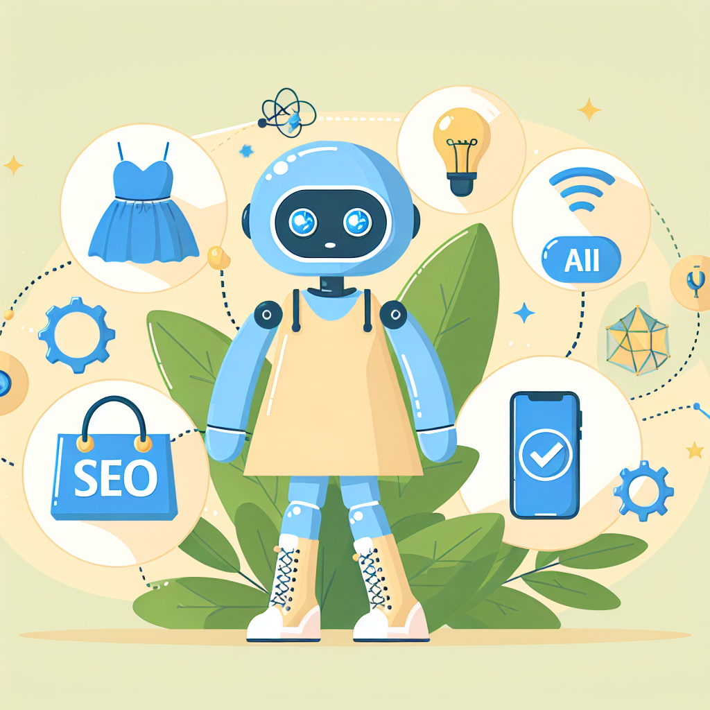 En tecknad robot i en klänning står omgiven av ikoner som representerar SEO, AI, kläder, ljusidé, teknik och trådlös anslutning, med gröna löv i bakgrunden.