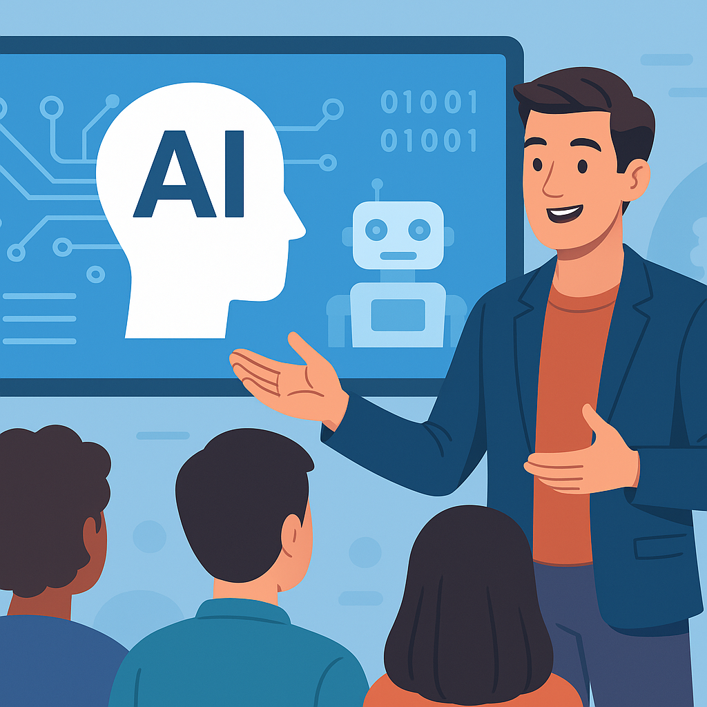An illustration of a tech influencer speaking to an audience about AI technology, showcasing a digital presentation with