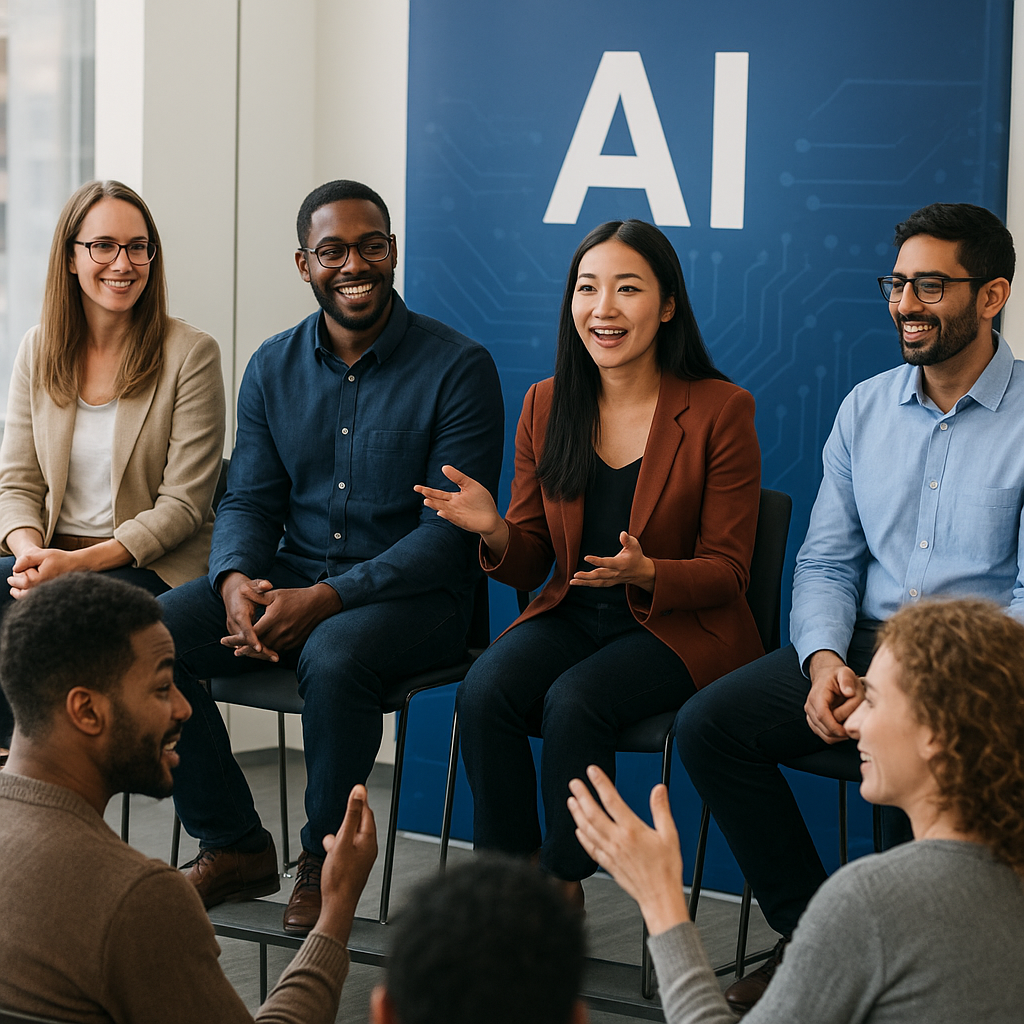 Community of tech enthusiasts interacting at an AI panel discussion, with diverse participants sharing ideas.