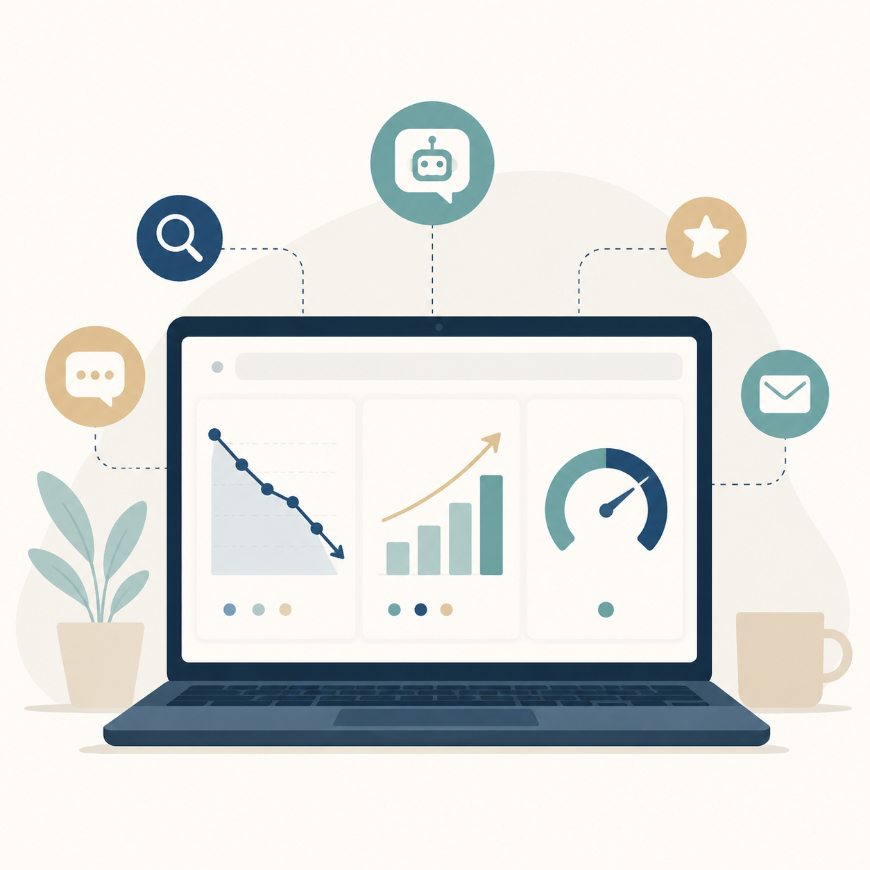 Modern, clean flat-design illustration of a marketing measurement dashboard on a laptop screen, viewed straight on. The