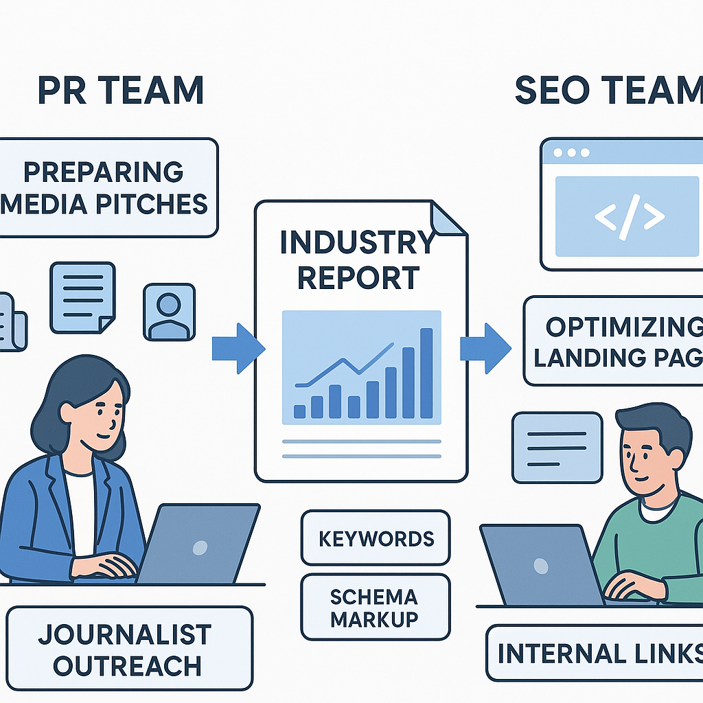 A clean, modern infographic-style illustration showing the workflow between a PR team and an SEO team collaborating on
